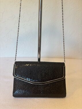 Vintage Black Metal Mesh Evening Bag Chain Strap Disco Glam Clutch